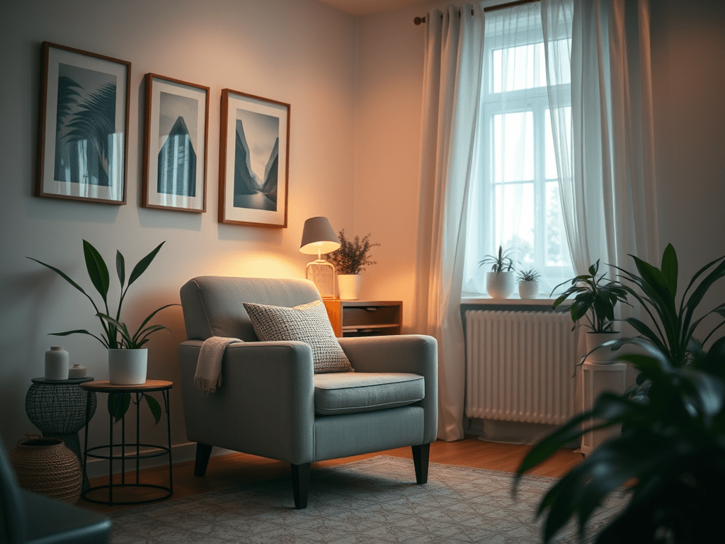 Consulta acogedora con sillón y plantas, espacio de psicólogo Santiago de Compostela.