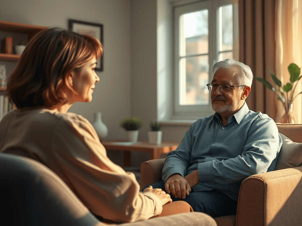 Sesión de psicoterapia en un despacho acogedor, paciente conversando con psicólogo Santiago de Compostela.