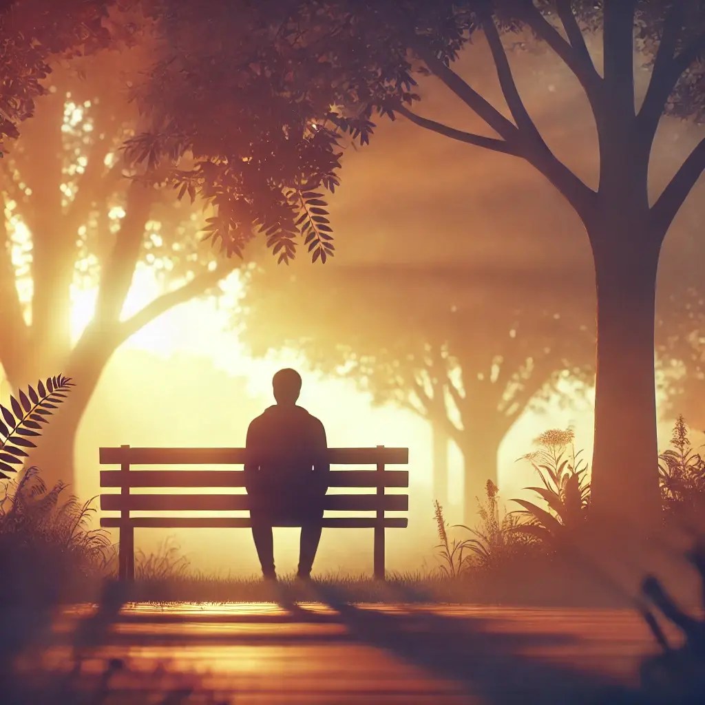 “Silueta de una persona sentada en un banco al atardecer en un parque tranquilo, con luz cálida filtrándose entre los árboles. La imagen transmite reflexión, esperanza y sanación emocional.”