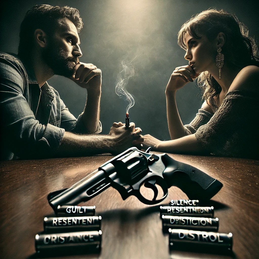 Un hombre y una mujer sentados en una mesa con poca luz, con un revólver entre ellos grabado con palabras como 'Culpa', 'Resentimiento', 'Silencio', 'Crítica', 'Distancia' y 'Control', simbolizando una ruleta rusa emociona