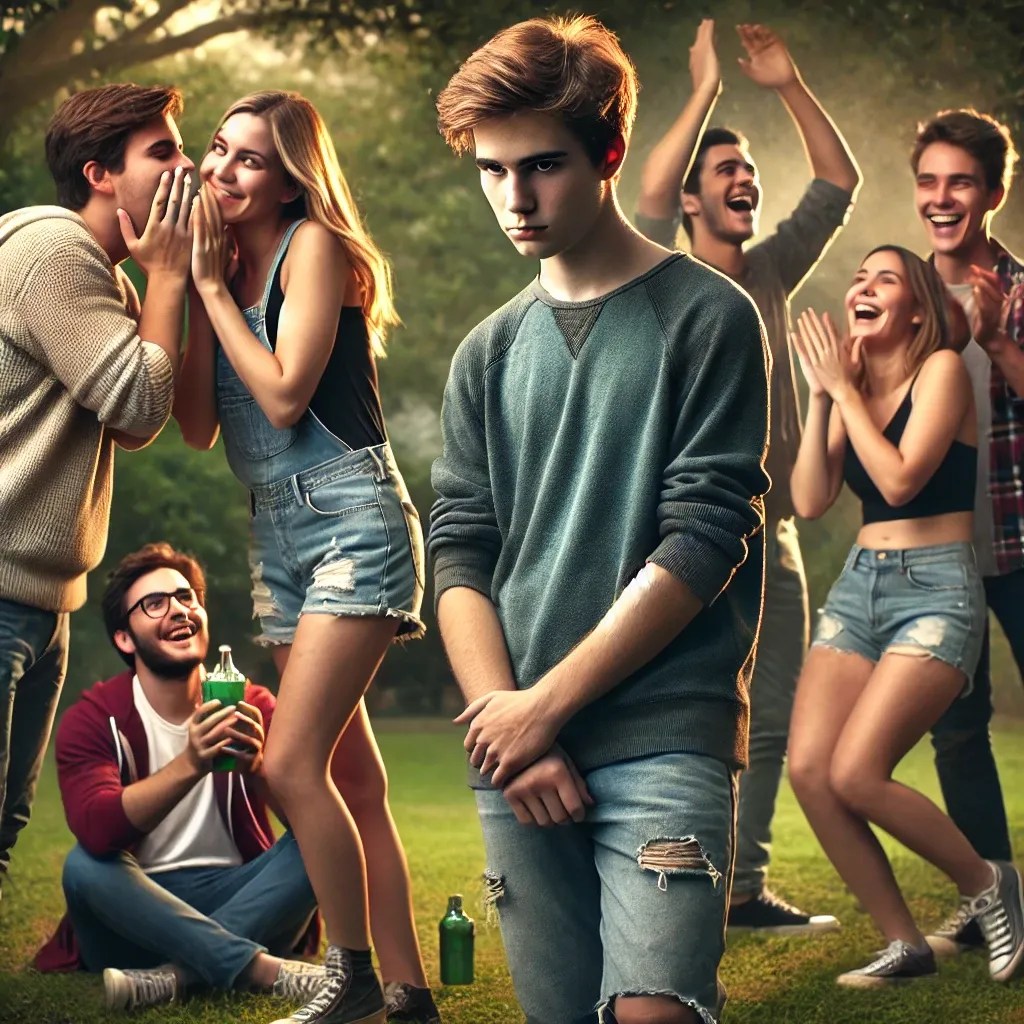 Dinámicas psicológicas en grupos: imagen realista con adolescentes y adultos mayores en un entorno social. Se representan conceptos clave de psicología como la envidia (persona mirando con celos a otra en el centro de atención), la exclusión (individuo apartado de un grupo) y la efervescencia grupal (celebración donde una persona se siente abrumada). Iluminación natural y expresiones auténticas, ideal para artículos sobre salud mental, psicología social y relaciones interpersonales