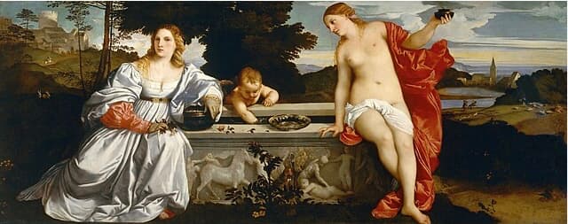 Pintura de Tiziano “El amor sagrado y el amor profano”, representando a tensión entre o desexo e as forzas que o condicionan, clave nas relacións humanas e na psicoterapia.