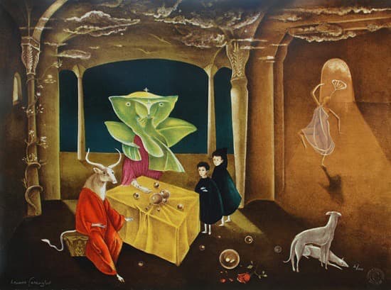 Pintura “Y entonces vimos a la hija del Minotauro" de Leonora Carrington, ilustrando el proceso de transformación de la identidad en psicoterapia, la revisión de narrativas personales y el autoconocimiento en el análisis psicológico