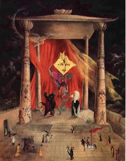 Pintura surrealista “O templo do mundo” (1954) de Leonora Carrington, representando un espazo arquitectónico simbólico con figuras místicas, explorando a vinculación inconsciente a obxectos rexeitantes segundo a psicanálise de Fairbairn.