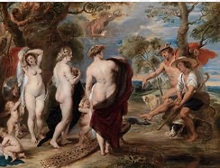 Pintura barroca de Peter Paul Rubens titulada “O Xuízo de Paris”, mostrando a Paris elixindo entre Afrodita, Hera e Atenea, unha escena mitolóxica que ilustra a idealización e a competencia no amor.