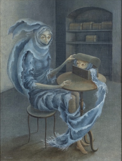 Ilustración da obra “Encuentro” de Remedios Varo, onde dúas figuras femininas se atopan nun túnel simbólico, evocando o recoñecemento das partes esquecidas da identidade.