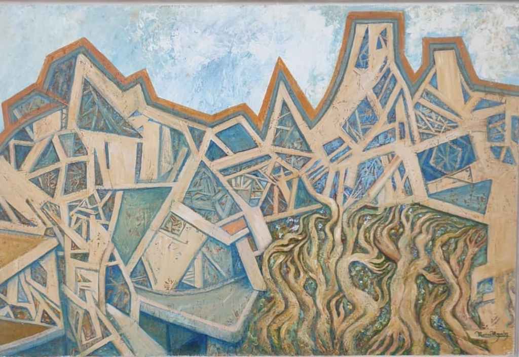 Pintura abstracta de Marisa Miguélez que combina formas arquitectónicas angulosas na parte superior con raíces ou augas serpenteantes na parte inferior, evocando o contraste entre estrutura e fluidez