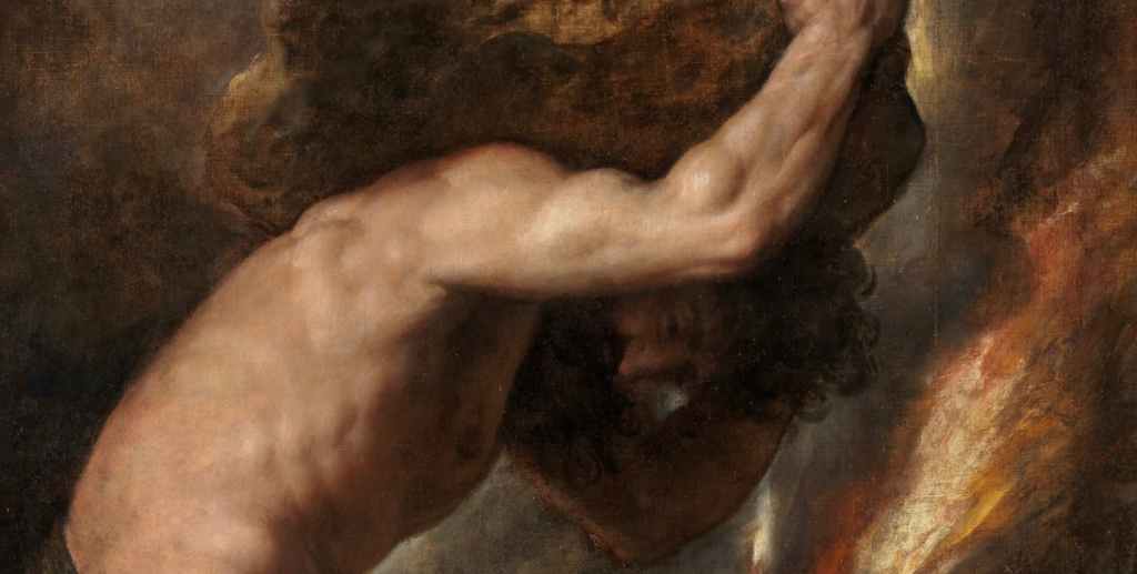 Fragmento de Pintura renacentista de Sísifo empujando una roca colina arriba, representado con dramatismo y fuerza muscular.