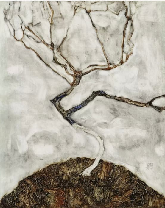 Árbore solitaria retorcida sobre unha colina no outono tardío, estilo expresionista de Egon Schiele (1911).”