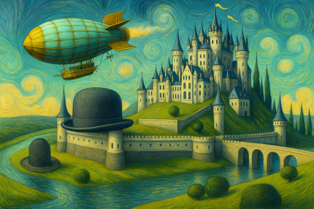 Imagen surrealista de un zepelín flotando cerca de un castillo fantástico, con elementos oníricos y contradictorios que evocan la complejidad de la psique.
