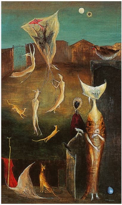 Pintura surrealista de Leonora Carrington titulada Samhain (1951): una mujer fantasmal con túnica blanca camina entre sombras, aves y criaturas oníricas en un paisaje gris plateado. Evoca el tránsito entre la vida y la muerte, y la conexión con el inconsciente y los duelos.
