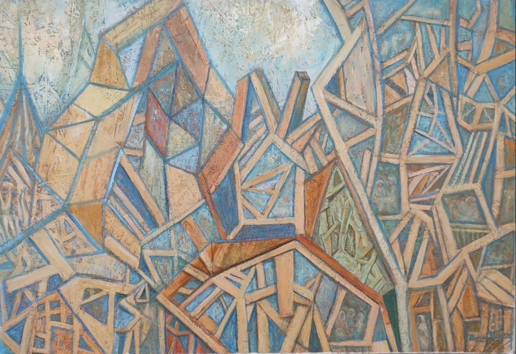 Arquitectura pictórica de Marisa Miguélez con muros, planos y aperturas superpuestas, que sugieren un espacio interior sin cierre definido, atravesado por luz y sombra.